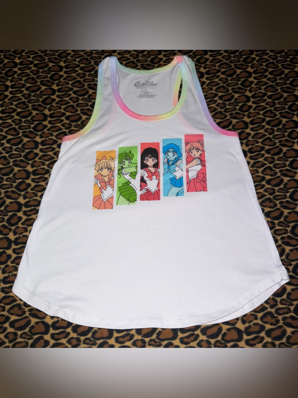 Sailor Moon Women’s Graphic Racerback Tank Top White Rainbow Trim Size XL